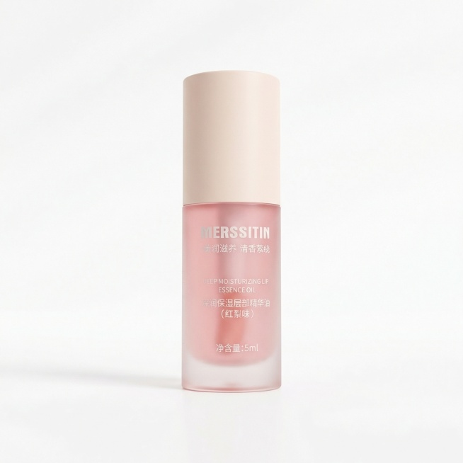 将唇釉精修成3D建模效果，平视视角，还原产品主体浅红颜色，瓶身为塑料半透明材质，整体自然和谐，背景为纯白色，符合电商主图风格预览效果