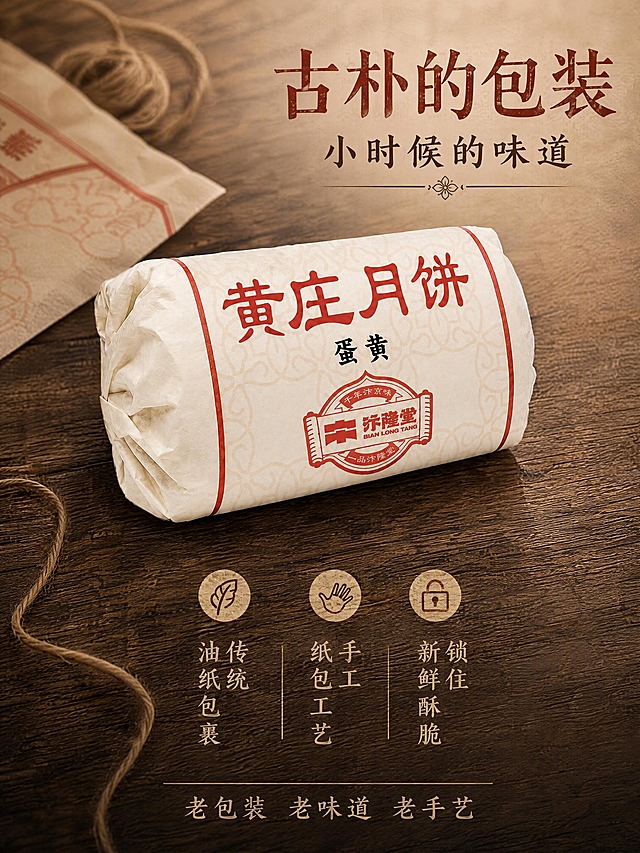 [第6张] 包装细节-古朴纸包怀旧包装展示。本张使用【图2】纸包包装图作为主体。
[氛围/风格] 怀旧复古+传统手作+质朴质感，突出老包装的年代感与温度。
[元素布局] 画面中央为黄庄月饼古朴纸包包装（汴隆堂品牌），45°斜侧摆放，占比约55%；包装为米白色油纸，红色书法字体「黄庄月饼」，中间黑色「蛋黄」口味字样，下方红色印章式logo；包装两侧有红色封条，纸纹质感清晰；背景为深棕色木质纹理桌面，旁边散落一张同款油纸、一根麻绳，营造传统包装氛围；包装文字、颜色、结构与输入图一致。
[光影质感] 左上方柔和暖光，包装纸纹有自然肌理感，红色字体鲜艳清晰，底部有柔和投影，整体温暖复古。
[配色色系] 全局底色 #D2B48C（浅棕木色）；主色包装米白 #FFF8DC + 红色字体 #B22222；辅助色深棕 #8B4513、麻绳原色 #DEB887。
[视角构图] 45°斜侧俯视，产品居中偏左，右侧留空放文字，阅读动线右上标题 → 中部包装 → 底部卖点。
[文字版式] 版式为右上标题区 + 中部包装主体 + 底部包装卖点。主标题「古朴的包装」，书法宋体大字，红棕色；副标题「小时候的味道」，温润宋体，深棕色；底部三个包装卖点「传统油纸包裹」「手工纸包工艺」「锁住新鲜酥脆」，配小图标，竖排三列；底部小字「老包装 老味道 老手艺」。字体统一宋体风格，字色红棕+深棕。
[比例分辨率] 3:4竖版比例，4K分辨率，文字清晰可辨，高清画质。
[负向提示词] 包装变形，文字错乱，颜色偏差，水印，包装纸纹模糊，背景杂乱。