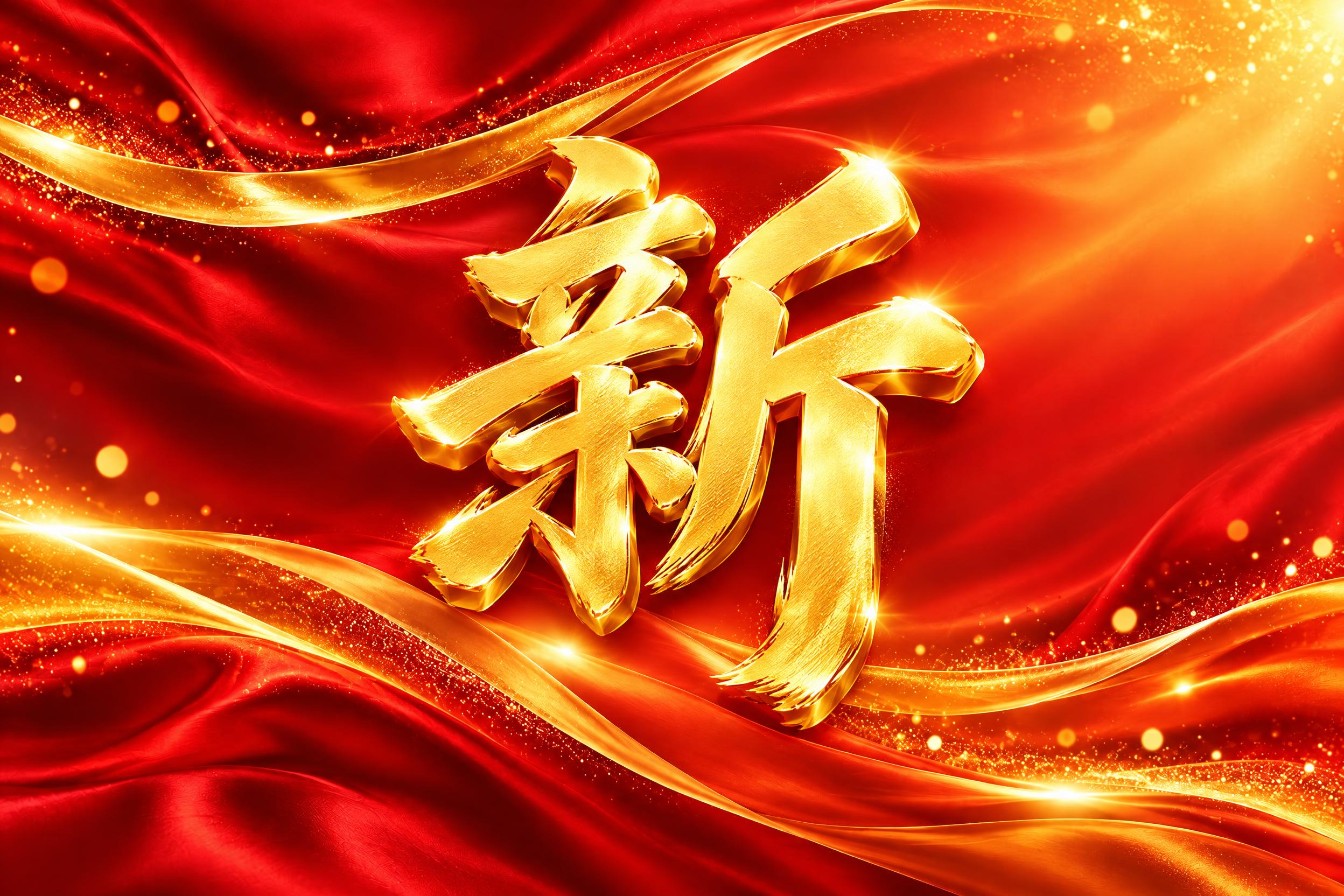 在这张红金丝绸飘带背景图的正中央，放置一个巨大的金色立体书法字… - 图片创意预览