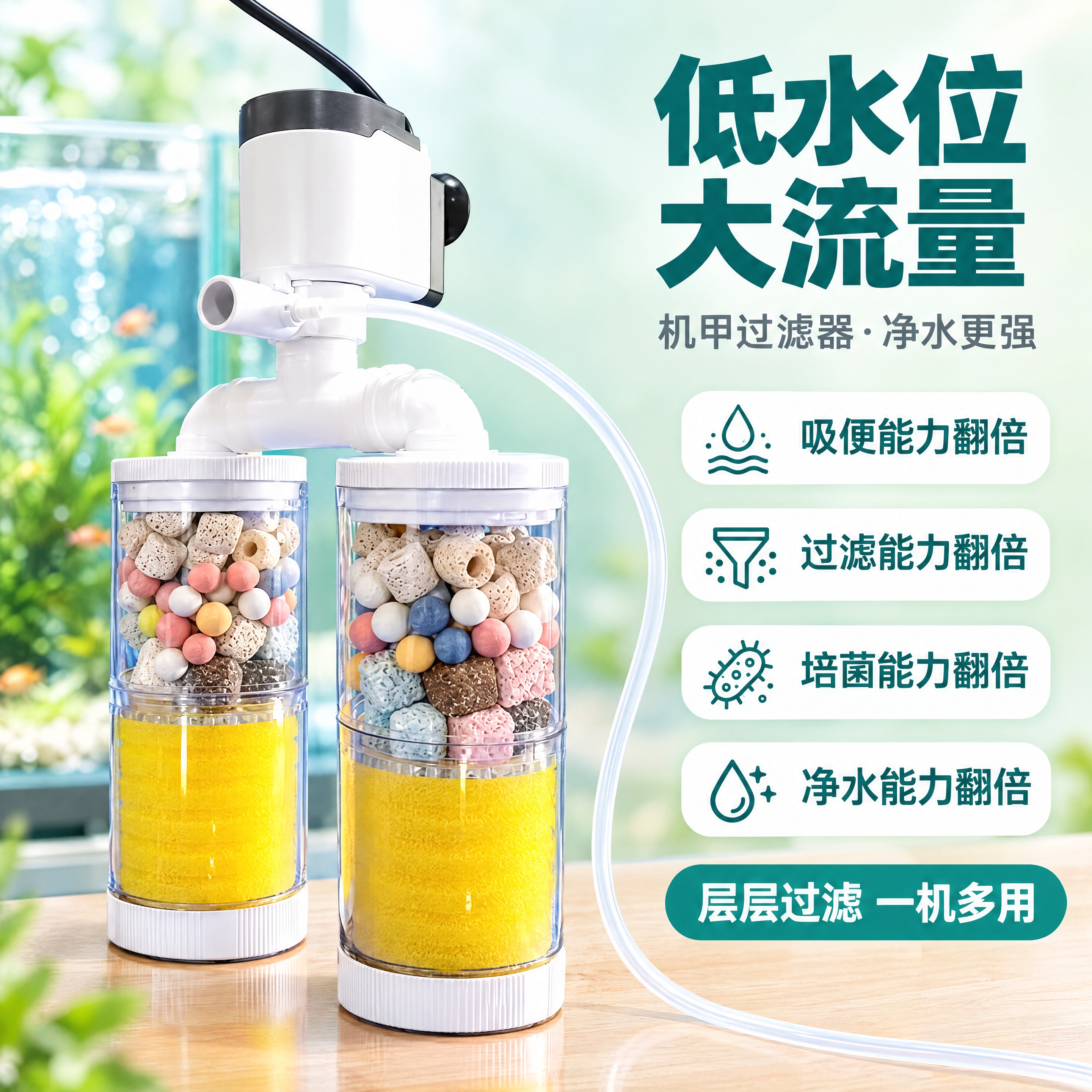 第一张图是风格参考图（水族过滤设备电商主图），第二张图是我方产… - 图片创意预览