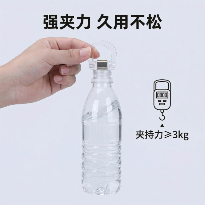 裤脚夹详情图-夹持力测试，简约实用风格。画面展示夹子夹着500ml装满水的矿泉水瓶悬空不掉，背景为浅灰色，旁边配拉力测试数据图标标注“夹持力≥3kg”。顶部文案“强夹力 久用不松”，文字不遮挡产品和测预览效果