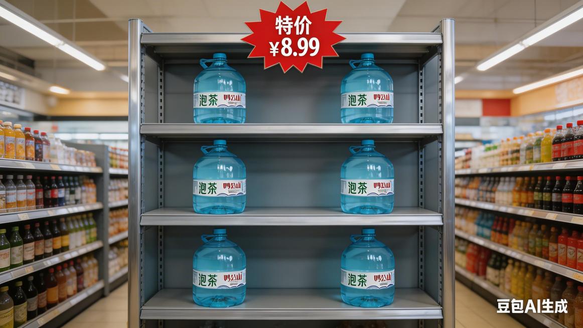 超市饮用水端架陈列场景，保持原鸡公山泡茶山泉水桶形状和标签文字不变，四桶山泉水整齐竖向陈列在超市货架端架上，正面朝外标签完全露出，上方悬挂红色爆炸贴特价牌，背景是超市饮料区通道，明亮均匀灯光，干净整洁预览效果