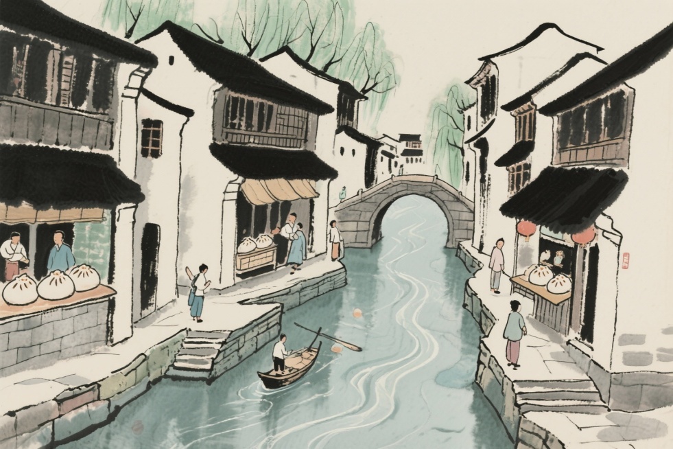 房屋、人物、流水改成线性水墨画，要求线条简单但图案明确预览效果