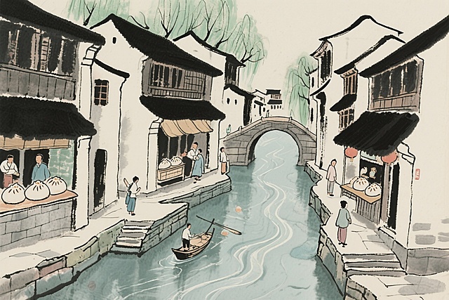 房屋、人物、流水改成线性水墨画，要求线条简单但图案明确