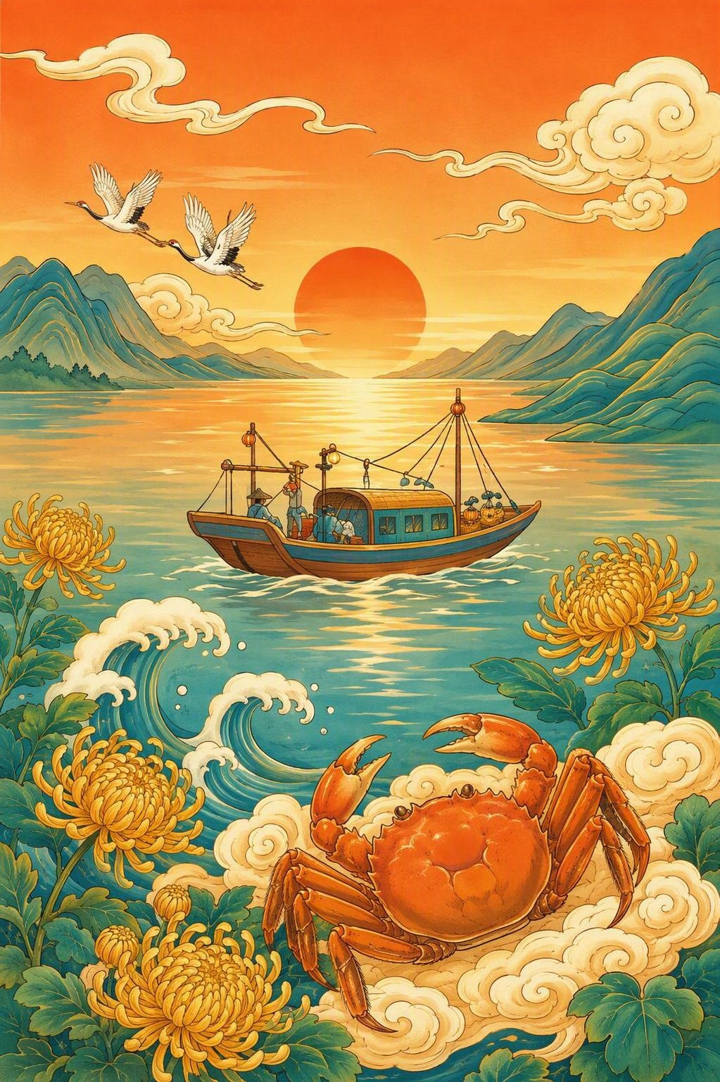 提取参考图中左数第二张插画（夏-菊花渔船日落大闸蟹），去掉金色… - 图片创意预览