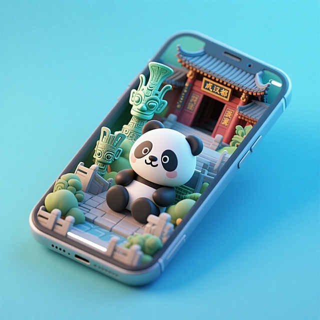 软3D风格的微缩艺术场景，可爱熊猫与中式建筑、三星堆元素结合，呈现卡通感与民族感交融的创意设计。