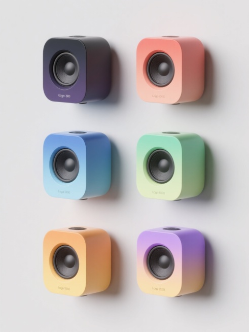 六个不同颜色不同款式的3D音响，整体造型简约现代，采用规整排布，每个音响都具有光滑的材质和渐变色彩，以纯色背景呈现，无任何文字、logo和水印。预览效果