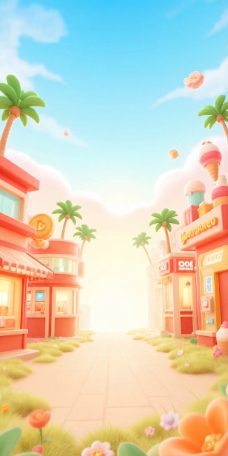 去掉图片中心的购物车和礼物，保持原有页面风格不变，保留夏日街道店铺棕榈树场景，保留强烈的营销氛围，保持整体画面统一和谐，输出高清画质预览效果