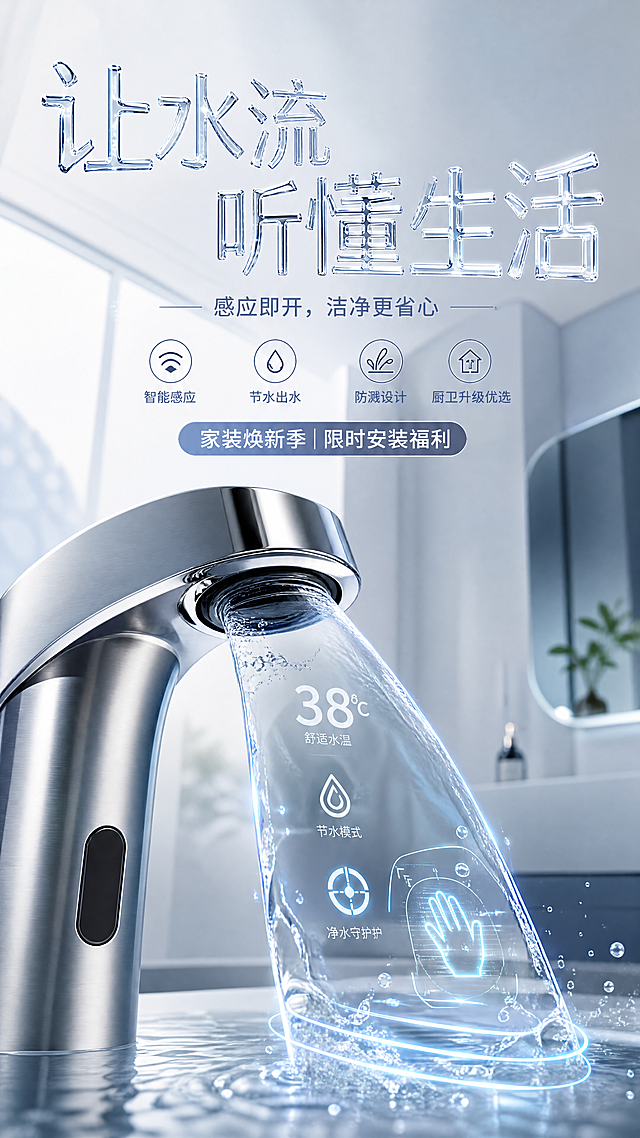 科技感与未来感交融的3D重拟物设计，金属质感水龙头搭配透明玻璃风水幕，虚拟现实交互界面展现智能感应功能，清透清爽中传递舒适生活体验。