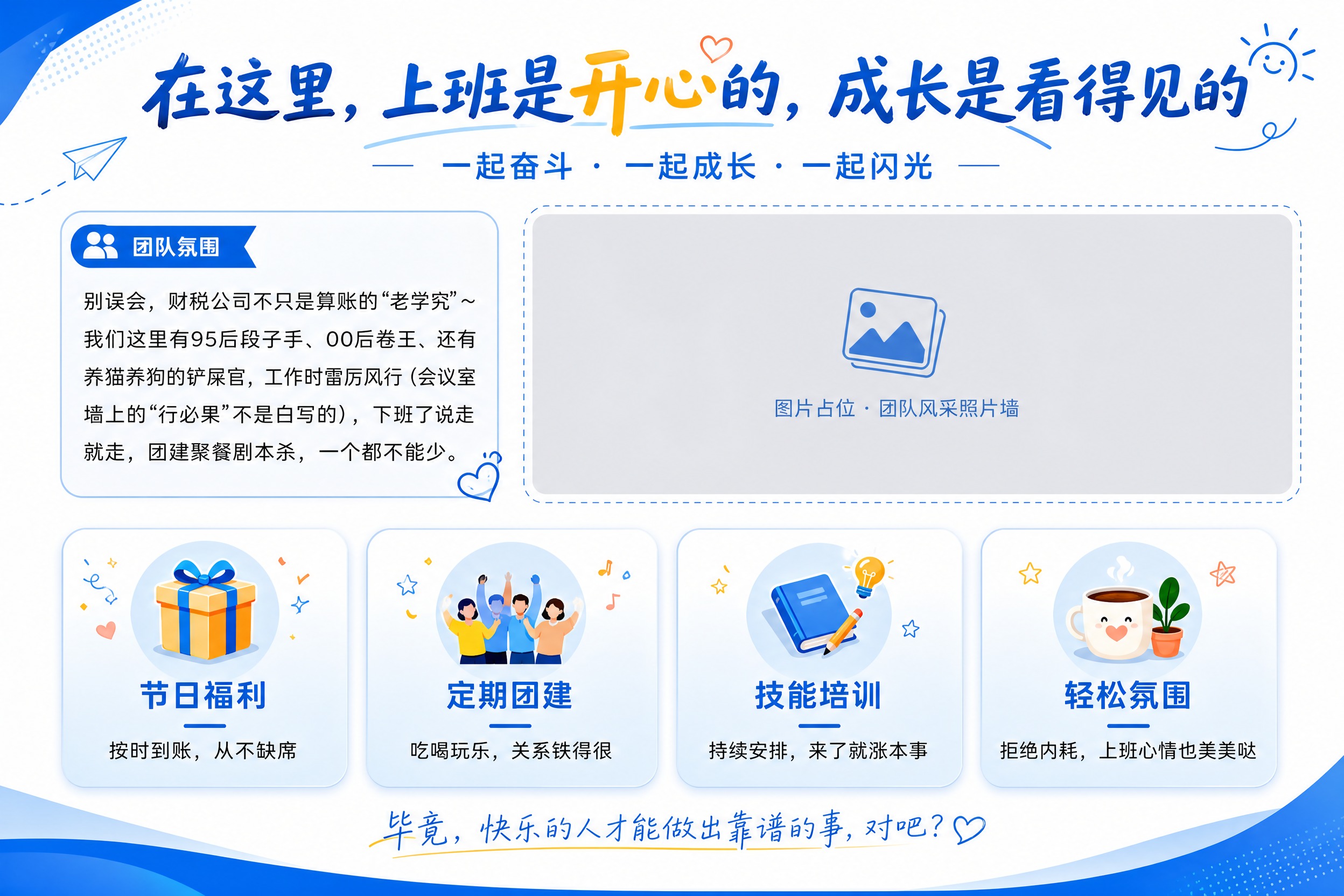 企业宣传册内页-团队风采与福利，A4横版，蓝白商务专业风格，氛… - 图片创意预览