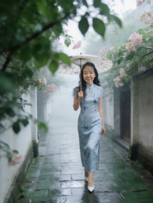 生成烟雨江南主题写真，仅保留参考图1人物脸型、年龄五官特征，调整放大双眼，眼神温柔妩媚，保持嘴角微笑，东方美学清冷新中式风格，水墨质感，雅致克制氛围感，柔和漫射雨天柔光，空气中弥漫雨雾水汽，形成细腻朦预览效果