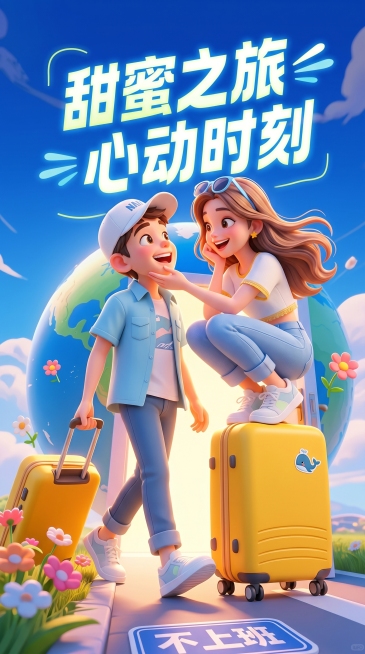 参考图片1的3D卡通插画风格，人物形象参考图片4，生成一个男孩拉着黄色行李箱，行李箱上面蹲着一个女孩，两人做出甜蜜的动作，全身展示，镜头特写，画面有冲击力，适合竖版活动页面，高饱和度色彩，高清晰度预览效果