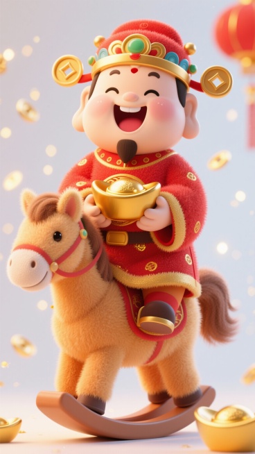 一个可爱萌系财神，身穿红色财神袍，以金色点缀，头戴财神帽，骑着一批暖色小马，开怀大笑，手里捧着金元宝，画面整体是可爱风格，背景喜庆柔和，点缀金光点点。预览效果