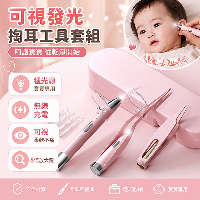 基於這張圖重新生成適合台灣蝦皮市場銷售的熱銷商品圖，圖片要有吸引力能夠激發購買慾，保留粉色可視發光兒童掏耳工具套組的產品，保留原圖中「種光源 寶寶專用、無線充電、可視 柔軟不痛、8倍放大鏡」這些繁體中文文案，去除價格、折扣信息，整體風格精緻乾淨吸引買家，圖中不出現價格，所有文字均為繁體中文