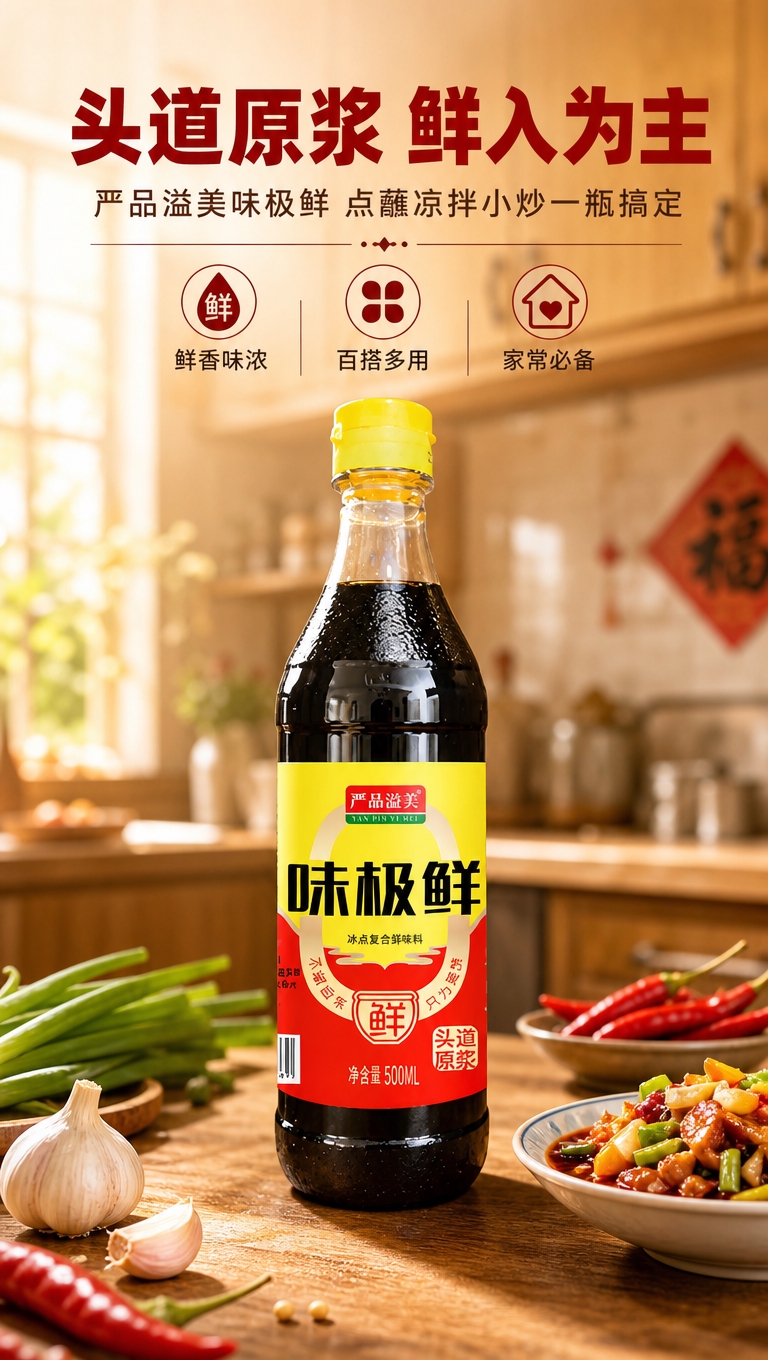 [商品] 使用【图1】严品溢美味极鲜酱油瓶；保留瓶身结构、黄色… - 图片创意预览