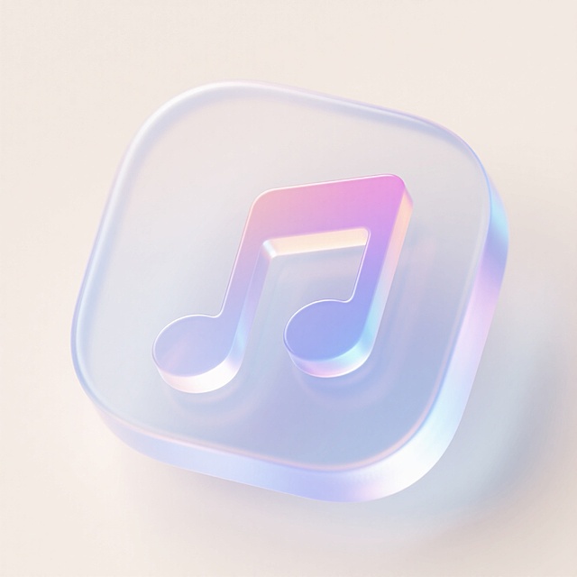 大磨砂液态玻璃质图标。音乐、备忘、相册图标，轻拟物风格，采用圆形或圆角矩形基底，背景为透明渐变毛玻璃效果，整体呈现轻盈、透气的视觉体验，符合现代极简 UI 设计语言。浅色文字背景有折射效果