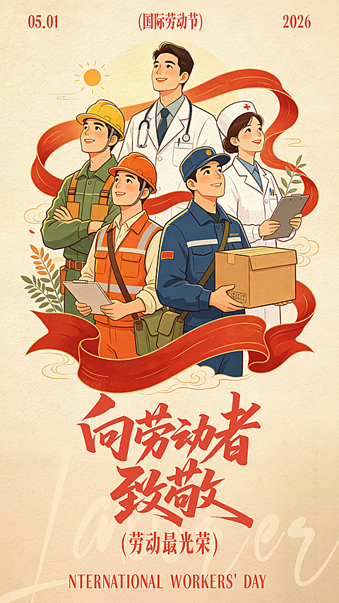 复古插画五一劳动节竖版海报