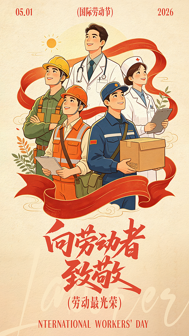 复古插画五一劳动节竖版海报
