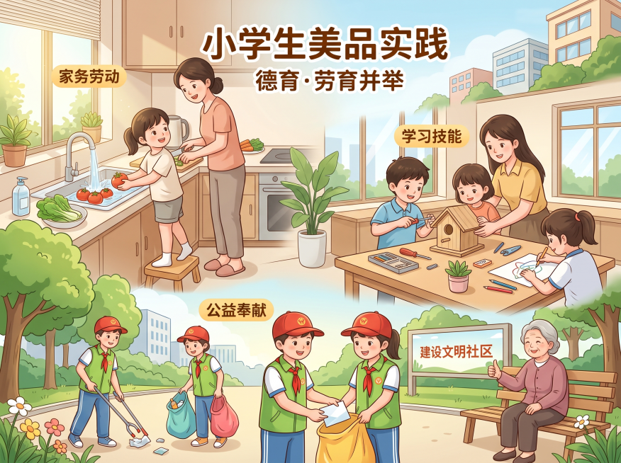 小学生美品实践主题插画，展示小学生参与家务劳动、学习技能、参加公益奉献场景，紧扣五育并举德育劳育核心，温馨明亮的生活化风格预览效果