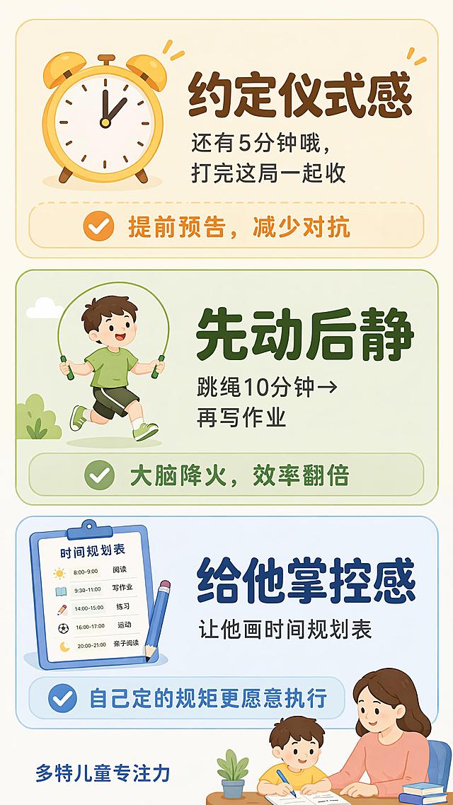 基于原图修改，保留所有三张卡片的内容、文案、配色和排版不变，仅修改左下角：删除原有太阳图形logo，只保留一行纯文字“多特儿童专注力”，不添加其他额外图案和文字，保持整体简约清晰风格不变。
