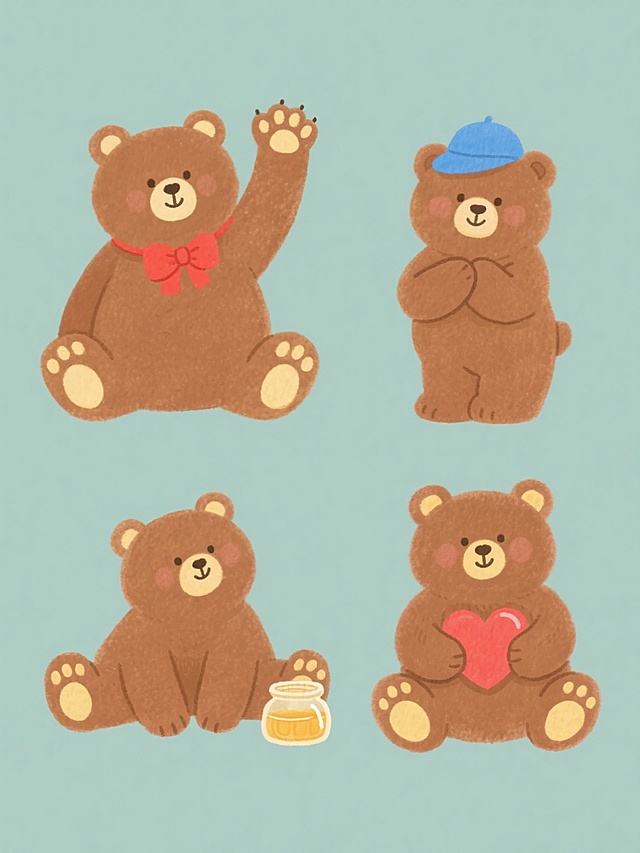 一套四个不同造型的棕色卡通小熊系列素材集合，每个小熊均保持圆润可爱的手绘水彩风格，棕褐色身体搭配米黄色爪垫，整体色调柔和温暖，采用简约纯色背景。第一个小熊坐着并举起一只爪子挥手，脖子系着红色蝴蝶结；第二个小熊站立着双手抱胸，戴着蓝色小帽子；第三个小熊趴着并抬起头，爪子前放着一个小蜂蜜罐；第四个小熊侧身坐着，手中拿着一颗红色爱心。四个小熊形象大小一致，呈2x2网格状规整排布，彼此间距均匀，整体构图平衡对称，充满温馨治愈的氛围。