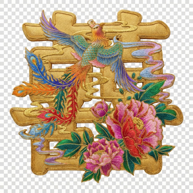 中国风刺绣元素，喜庆大气，立体囍字，把图缩小放在囍字里面，囍字外多余的部分删除，不要背景预览效果