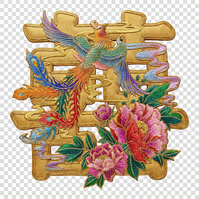 中国风刺绣元素，喜庆大气，立体囍字，把图缩小放在囍字里面，囍字外多余的部分删除，不要背景