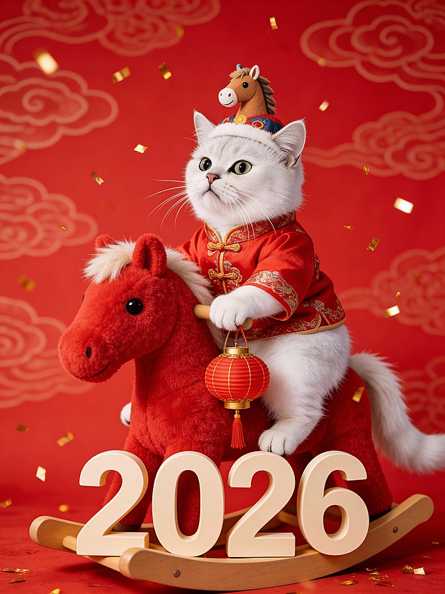 国潮风软3D猫咪拟人骑木马，穿唐装戴马帽，手持灯笼，毛发生长质感细腻，喜庆红金配色，布艺纹理生动，2026新春贺岁。