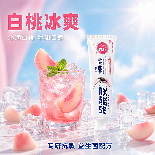 [主图-1] 冷酸灵专研抗敏益生菌牙膏白桃冰饮创意场景图，夏日清凉风格，创意联想。
[氛围风格] 夏日清凉冰饮风，粉白甜美，冰爽通透，创意联想口味。
[画质] 商业摄影质感、光线柔和通透、产品清晰真实、画面干净高级、超高清细节。
[元素] 画面中央是一杯粉色的白桃冰饮，玻璃杯中有粉色果汁、冰块和白桃果肉切片，杯口插着一片新鲜白桃和薄荷叶。冷酸灵专研抗敏益生菌牙膏（沁润白桃味）竖立在冰饮旁边，高度与杯子相当，仿佛是冰饮的一部分。杯子放在白色的吧台上，周围散落着冰块、白桃果肉块和几滴粉色果汁。背景是粉蓝渐变的夏日天空，有柔和的阳光光晕。整体创意地将牙膏与白桃冰饮结合，突出白桃口味的甜美清凉。保持牙膏产品外观与输入产品图绝对一致，杜绝任何变形和色差。商品主体占比约45%。
[光影] 顶部阳光柔和照射，冰块和玻璃杯有通透的折射光，产品有自然的高光，整体清凉明亮。
[配色] 主色调粉色+冰蓝色+白色，辅助色冷酸灵蓝、薄荷叶绿、冰块透明色。
[视角构图] 45度平视角度，冰饮和牙膏并排居中，周围冰块和果肉点缀，背景虚化，满版无边框。
[文字版式] 画面左上角大字"白桃冰爽"粉色粗体大号，下方小字"沁润白桃 冰甜口感"白色细体；底部中央"专研抗敏 益生菌配方"蓝色粗体中号。所有文字放在负空间，不遮挡产品主体。
[输出要求] 1:1比例，文字清晰锐利，超高清商业摄影质感。
[负向提示词] 变形，文字错乱，产品图模糊，背景杂乱，水印，电商平台Logo，二维码，联系方式。