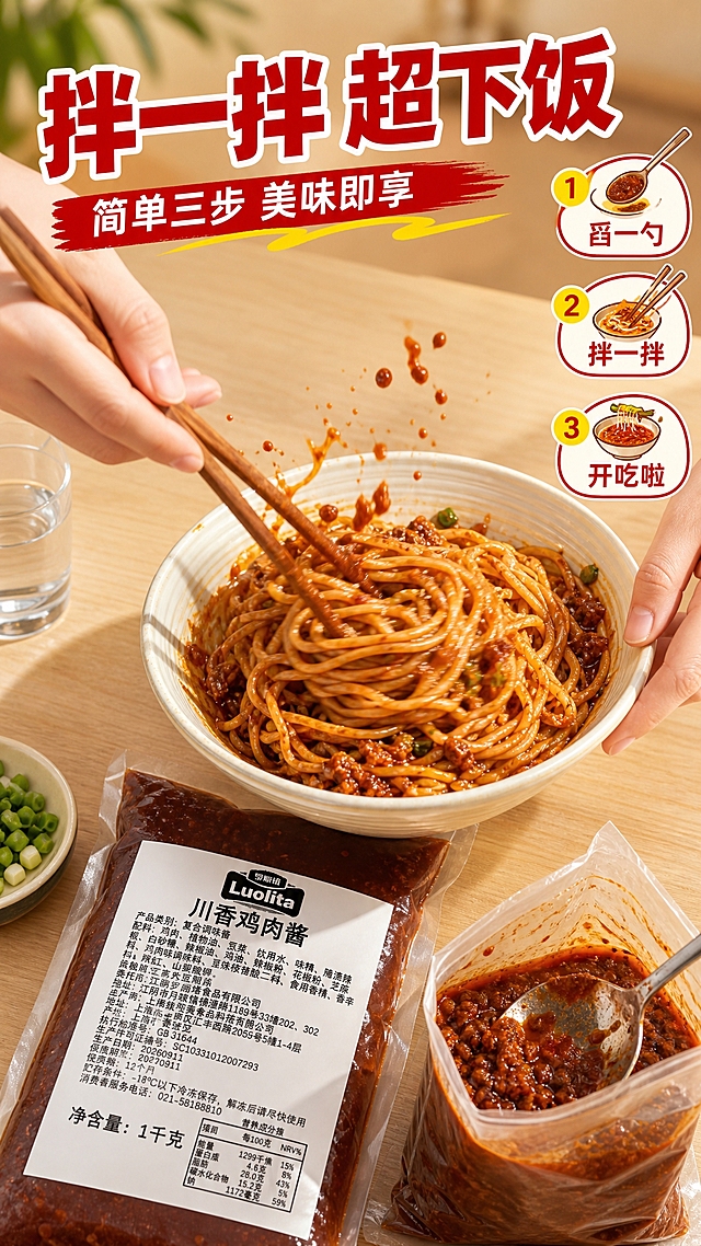 [商品] 使用【图1】罗丽塔川香鸡肉酱1kg袋装；保留透明塑料袋包装、白色标签、罗丽塔品牌Logo；酱料偏稀含少量细小肉末。
[画面] 第5张 手部操作展示 拌面动作瞬间型。画面中央是一碗担担面，一双亚洲女性的手（只露出手部和小臂，皮肤白皙，指甲干净自然）正用筷子搅拌面条，面条上的红亮酱料被拌匀，酱料均匀裹在每根面条上，有轻微的酱料飞溅动态。碗旁边放着打开的产品袋和一把勺子。背景是浅木色餐桌，有一杯水和一小碟葱花作为点缀。整体动作自然真实，增强代入感。
[视觉] 套系策略：风格=拼多多接地气食欲风商业摄影；标题字=粗黑体大字 厚重有力；正文字=简洁黑体；主色=正红色；背景延展=浅木色餐桌+暖光；强调色=金黄色；标题色=红色配白色描边；正文色=深棕色；组件=动态线条、食欲标签；光影=左前侧暖柔光 面条油亮有光泽。
[文字] 顶部主标题大字"拌一拌 超下饭"，副标题"简单三步 美味即享"，右侧三个步骤小图标分别写"舀一勺""拌一拌""开吃啦"。全部文字横排，放在画面上方和右侧。
[规格] 图片比例9:16竖版，4K，避免变形、错字、文字过小、手部畸形、手指异常、大块鸡肉粒、绝对化用语。手部动作自然真实。