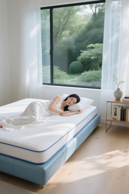大师级家居海报，极简美学，高端舒适睡眠场景，浅蓝与米白配色体系，通透整洁，极具质感。核心焦点是浅蓝色皮质底托上的白色蓝边床垫，皮革纹理细腻，床品纯净。背景是整面大落地窗，窗外郁郁葱葱的绿色景观，柔和自预览效果