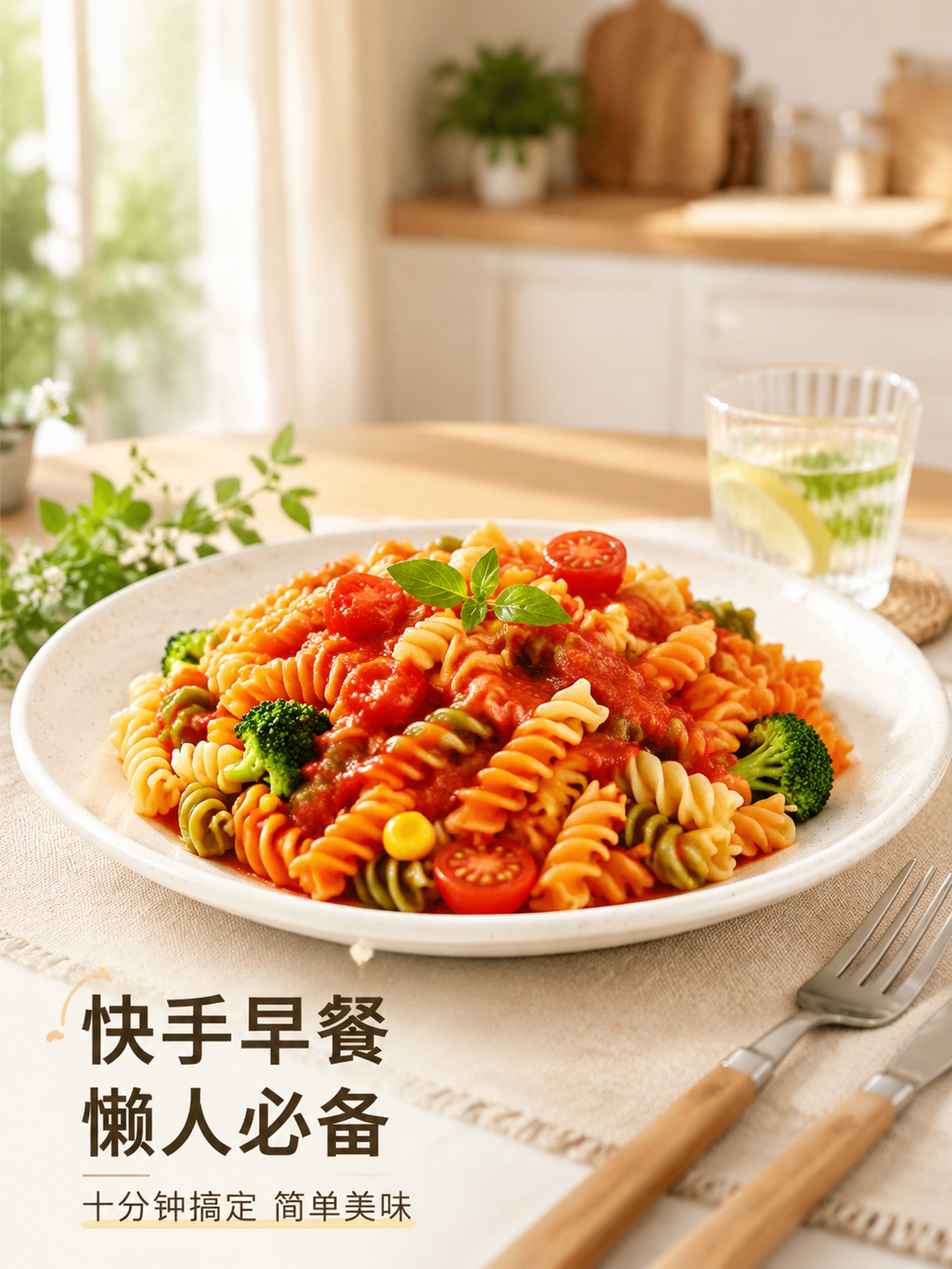 [第4屏] 日常食用场景屏-果蔬螺旋意面成品餐桌场景。本屏为文… - 图片创意预览