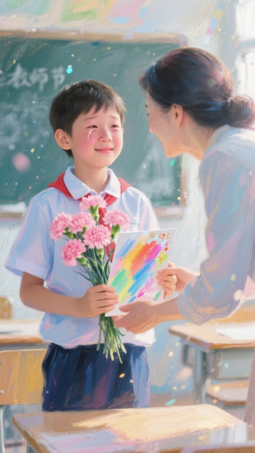 教师节，一个小学生将一张手绘的贺卡和一束康乃馨送给老师，老师惊喜地接过，眼中泛着感动的泪光。温馨的教室环境，柔焦效果，情感饱满，生活摄影风格。预览效果