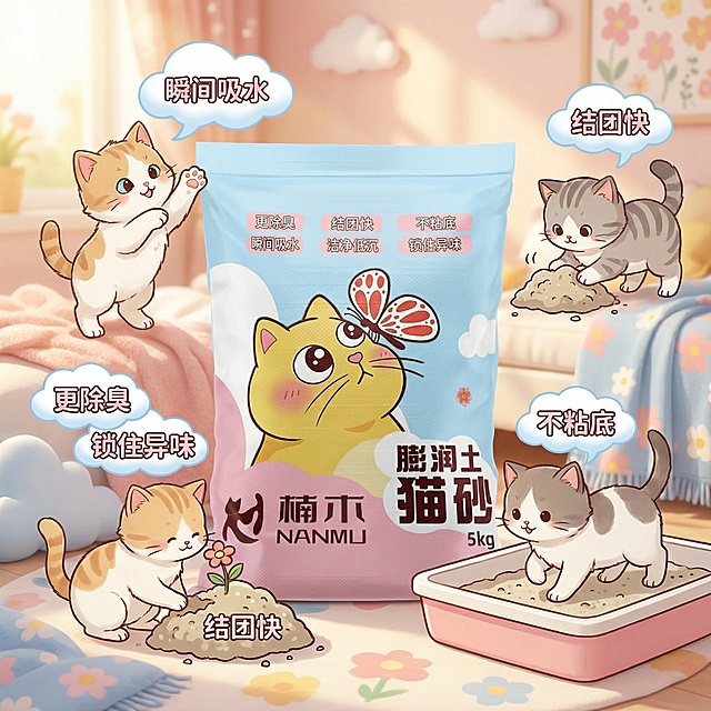 基于现有猫砂包装图，制作可爱风格主图，整合“瞬间吸水、更除臭、结团快、洁净低沉、不粘底、锁住异味”所有卖点，画面添加多只可爱小猫互动场景，整体风格温馨软萌，主图尺寸1:1