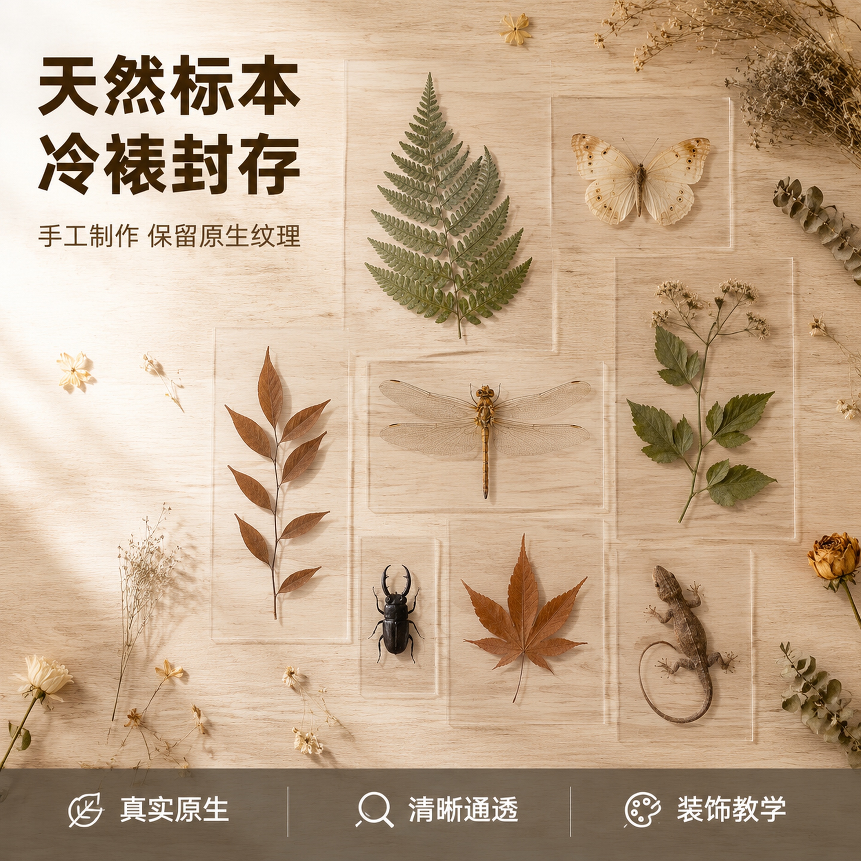 [主图-1] 冷裱封存植物动物标本合集首图。氛围风格为自然复古… - 图片创意预览