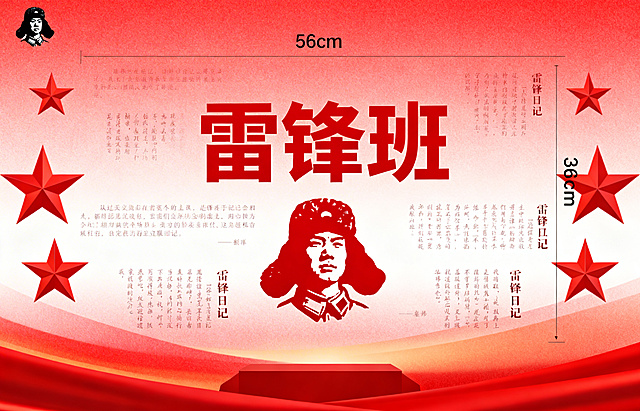 设计一个长56cm宽36cm的雷锋班立牌班牌，以雷锋日记为主题，画面中心是清晰醒目的红色大字"雷锋班"，搭配雷锋头像剪影，融入雷锋日记经典语录文字元素，整体风格庄重红色主题，版式居中对称，适合作为班级立牌展示，红色渐变背景，点缀五角星元素