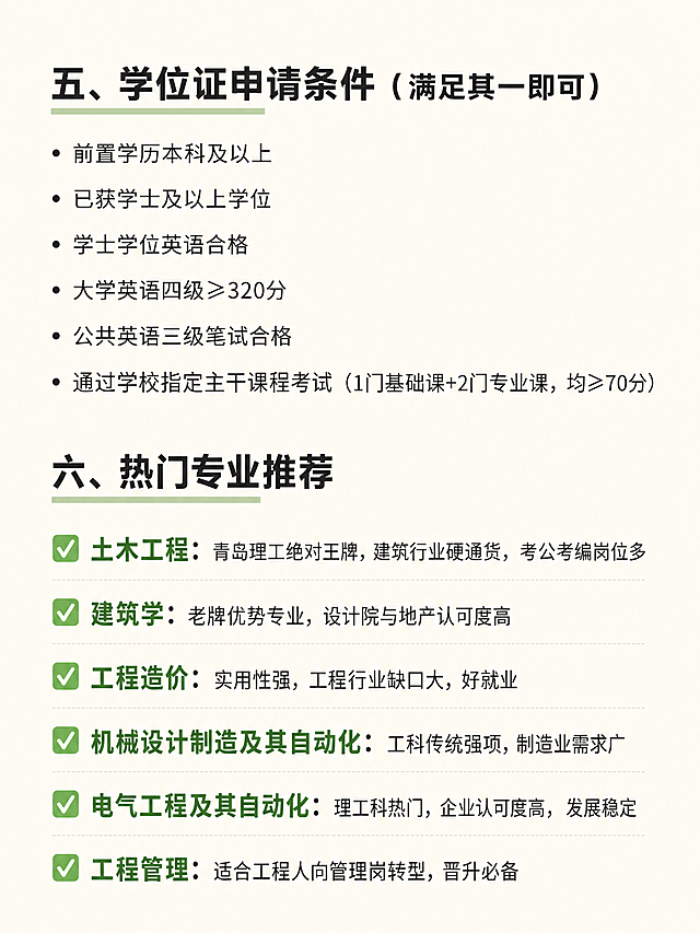 小红书图文内页，简约清晰风，包含完整文案：
"五、学位证申请条件（满足其一即可）
前置学历本科及以上
已获学士及以上学位
学士学位英语合格
大学英语四级≥320分
公共英语三级笔试合格
通过学校指定主干课程考试（1门基础课+2门专业课，均≥70分）
六、热门专业推荐
✅土木工程：青岛理工绝对王牌，建筑行业硬通货，考公考编岗位多
✅建筑学：老牌优势专业，设计院与地产认可度高
✅工程造价：实用性强，工程行业缺口大，好就业
✅机械设计制造及其自动化：工科传统强项，制造业需求广
✅电气工程及其自动化：理工科热门，企业认可度高，发展稳定
✅工程管理：适合工程人向管理岗转型，晋升必备"
背景保持统一浅色干净风格，标题加粗，热门专业用对勾标注突出重点，文字排版整齐行间距舒适，比例3:4，风格清新专业，和前面保持一致。