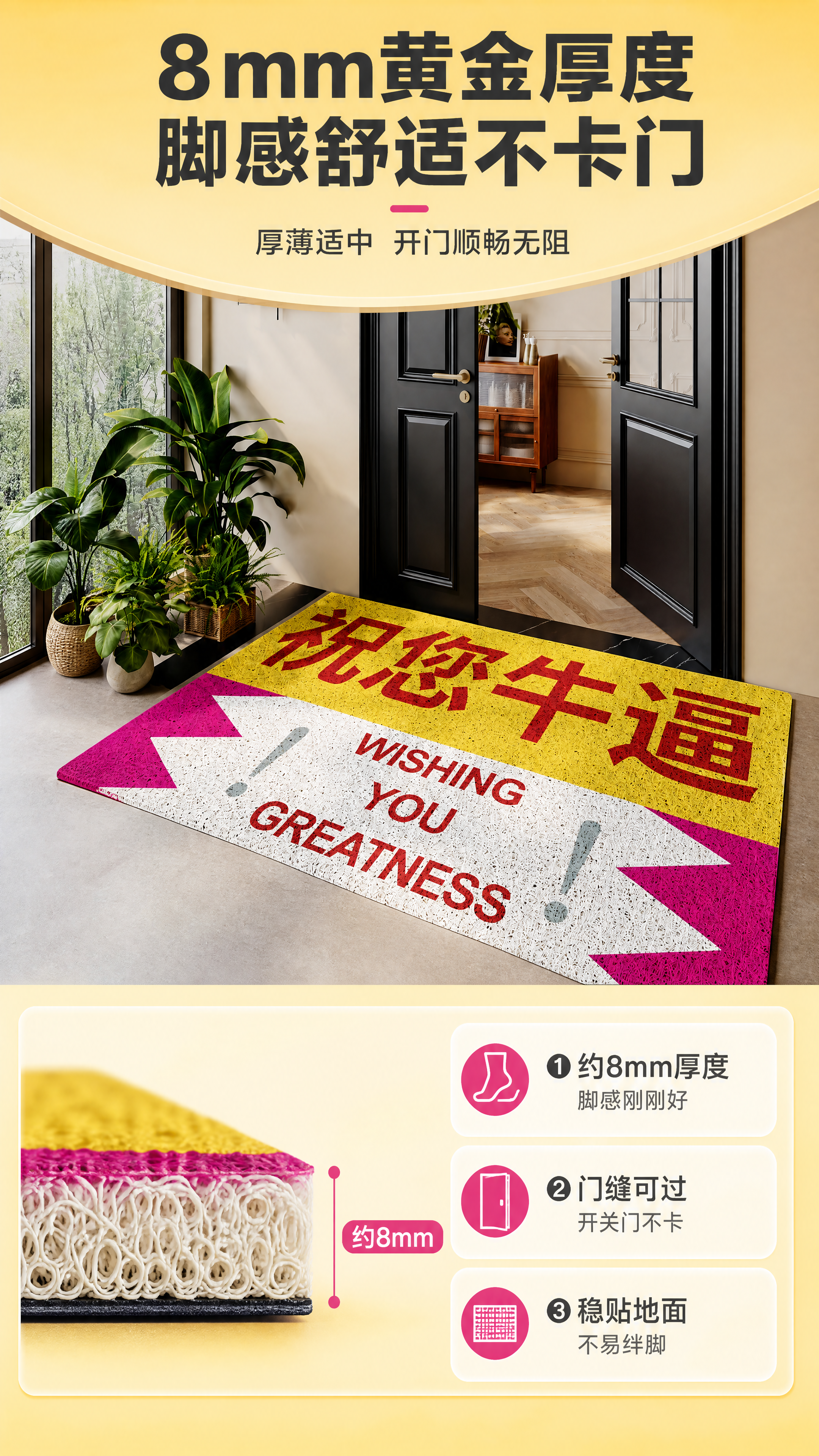 [商品] 使用【图1】黄白粉撞色"祝您牛逼"文字丝圈入户地垫；… - 图片创意预览