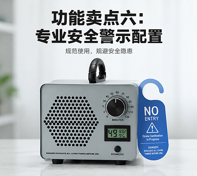 主文案"功能卖点六：专业安全警示配置"居中放大粗黑字体，副文案"规范使用，规避安全隐患"居下纤细浅色字体，版式对齐统一。沿用同款简约家用风背景，画面中心是产品警示标识+警示挂牌特写，构图居中对称，突出安全配置，风格统一。高清8K画质，光影色调、质感风格与前屏保持一致，警示标识文字、挂牌细节清晰可见，无模糊噪点，细节锐利
