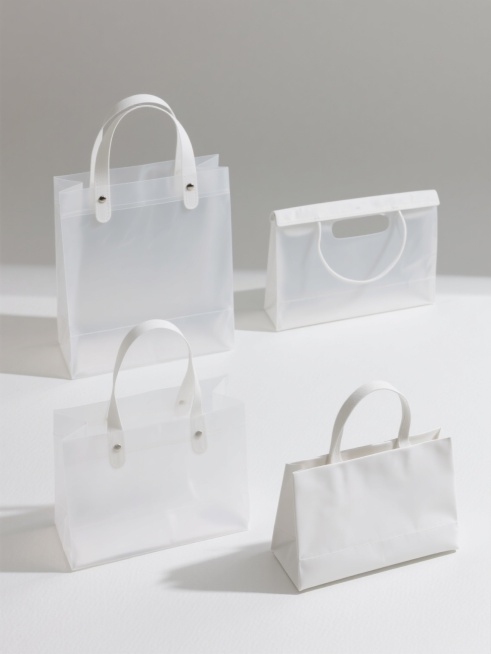 纯白色背景上展示四个不同样式和造型的白色手提袋，采用简约产品摄影风格，高清晰度，柔和均匀的侧上方光源，轻微阴影增强立体感，手提袋材质呈现半透明磨砂质感，包含圆形提手带双铆钉固定款、扁平提手简约款、宽手提大容量款、方形扁平提手折叠底边款，每个袋子独立摆放无重叠，保持对称网格布局，整体画面干净整洁，突出手提袋的结构设计和形态差异。预览效果