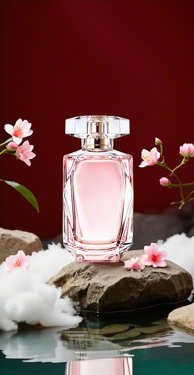 梦幻玻璃瓶，粉色花影映衬，轻拟物风设计，浪漫优雅，清新唯美感。