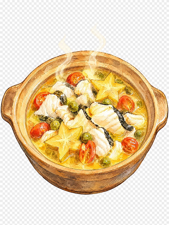 参考第一张底图的暖黄色调水彩手绘风格，将图中的酸汤鱼菜品转换为同款手绘风格插画，细节优化精致，线条柔和，色彩温暖通透，保留菜品的完整造型和诱人质感，背景为透明底，免抠图效果