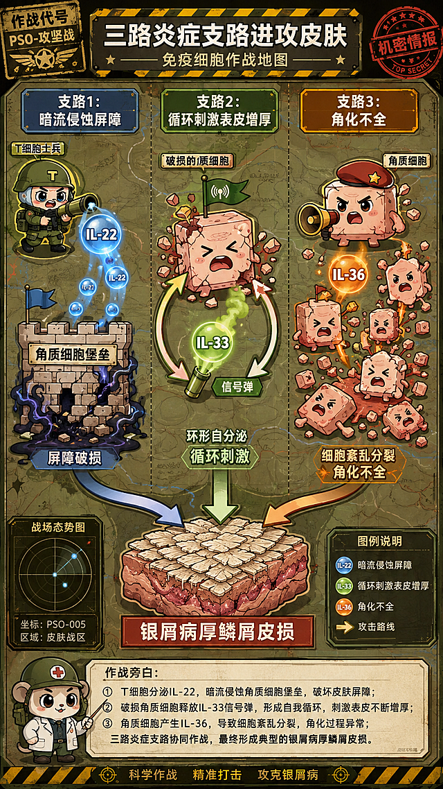 医学科普条漫风格，Q版萌系拟人，军事题材隐喻插画，卡通平涂质感，清晰粗黑轮廓线，中饱和度配色，拟人化免疫细胞IP设计，扁平化场景，趣味硬核科普风。画面为竖版9:16比例，军事作战地图风格，展示三路炎症支路进攻皮肤的场景。支路1：Q版萌系T细胞士兵分泌「IL-22」弹药，作用于角质细胞堡垒，造成皮肤屏障破损，用暗流侵蚀效果表现，标注「支路1：暗流侵蚀屏障」。支路2：破损的角质细胞释放「IL-33」信号弹，有环形自分泌箭头回指细胞本身，形成循环，标注「支路2：循环刺激表皮增厚」。支路3：角质细胞产生「IL-36」因子，导致角质细胞紊乱分裂、角化不全，用无序分裂的细胞形象表现，标注「支路3：角化不全」。画面下方有汇总箭头，三路炎症损伤汇合指向最终的厚鳞屑皮损形态，标注「银屑病厚鳞屑皮损」。画面底部有旁白字幕区域，展示科普说明文字。背景是军事作战地图风格，有战术箭头、坐标网格、黄黑警示条、科学情报印章等元素，整体中饱和度配色，卡通平涂质感，趣味硬核科普氛围。