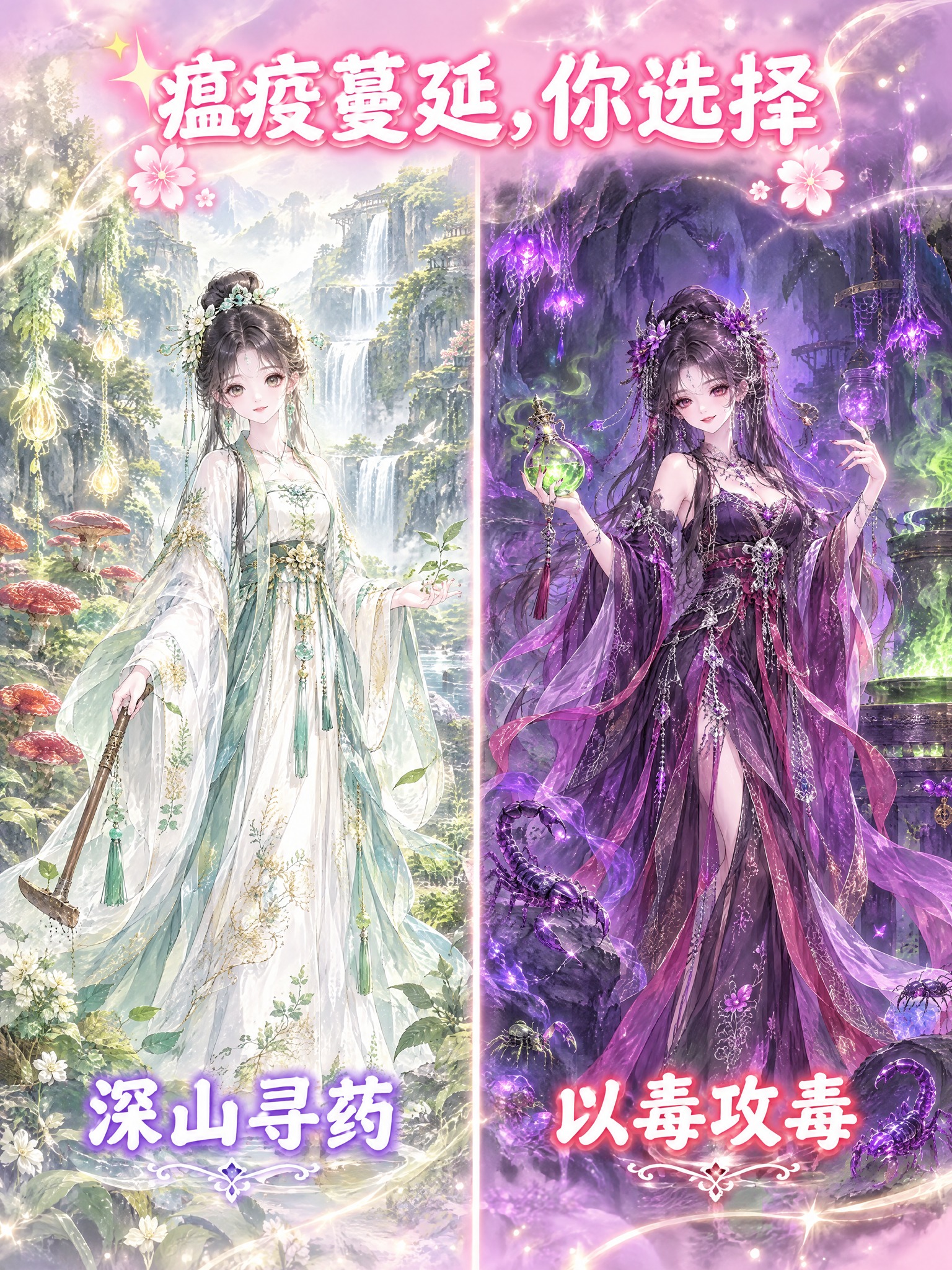 参考图的画风和左右分屏选择构图，顶部标题文字改为"瘟疫蔓延，你… - 图片创意预览
