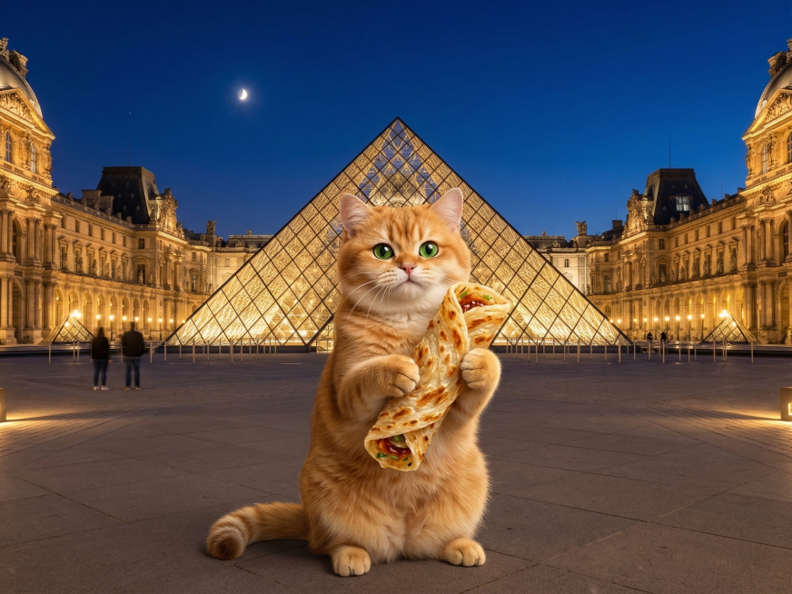 保留这只橘猫的样子，让它开心一些，将背景修改为晚上的巴黎卢浮宫前，猫咪抬起两只前爪拿着一张手抓饼，保持自然的光线和自然的溶图效果预览效果