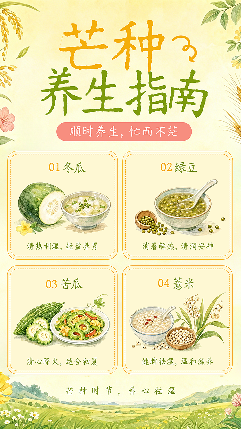 芒种节气养生指南科普清新水彩风插画手机海报
