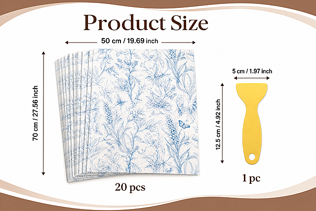 亚马逊A+页面对产品尺寸规格展示，Decoupage Paper for Furniture，包含20张50cm×70cm米纸和1张刮板，清晰标注产品尺寸信息，布局清晰，整体符合亚马逊A+规范，尺寸970x600