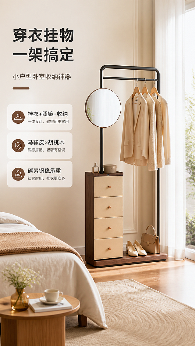 [商品] 使用【图1】DF-8829衣帽架；保留整体结构：左侧四抽米色柜体+圆形银镜+右侧黑色碳素钢挂衣杆框架+胡桃木底座；保留颜色：米色马鞍皮抽屉、胡桃木柜体与底座、黑色金属框架、圆形银镜；保留比例与材质质感，不改变结构和部件。
[画面] 目标：整屋卧室场景头图，突出挂衣照镜收纳三合一。左文右景构图，左侧约1/3竖列文案区，右侧2/3为明亮卧室生活场景；产品置于卧室角落，旁边挂着简约衣物，前景有地毯和小边几，后景有落地窗和白纱窗帘，阳光洒入；产品占画面约55%，正面微侧角度，3/4视角；阅读动线从左上标题到右侧产品；前中后景层次丰富。
[视觉] 套系策略：风格=现代轻奢亮色调商业摄影；标题字=现代无衬线粗黑体；正文字=简洁无衬线体；主色=米白暖调；背景延展=基于米白做深浅层级、同色渐变和细腻墙面/织物质感；强调色=胡桃木棕，仅用于小面积图标、引线和标签；标题色=深炭灰；正文色=中暖灰；组件=圆角浅底信息卡、细线引线、胶囊卖点框；光影=左前侧暖柔自然光，明亮通透，整体亮色调。
[文字] 左上主标题「穿衣挂物 一架搞定」，副标题「小户型卧室收纳神器」，下方3条亮点：「挂衣+照镜+收纳」「马鞍皮×胡桃木」「碳素钢稳承重」；文字区不遮挡产品主体，手机端清晰可读。
[规格] 图片比例9:16竖版，4K分辨率，避免变形、错字、文字过小、冷蓝/蓝灰背景、产品结构改变、部件缺失。