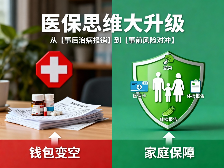 · 视觉概念：“从…到…”对比图
· 构图：左右分屏对比。
  · 左侧（旧思维）：一个红色的医院十字标志，下面堆着药瓶和账单，箭头指向“钱包变空”。
  · 右侧（新思维）：一个绿色的盾牌标志，上面预览效果