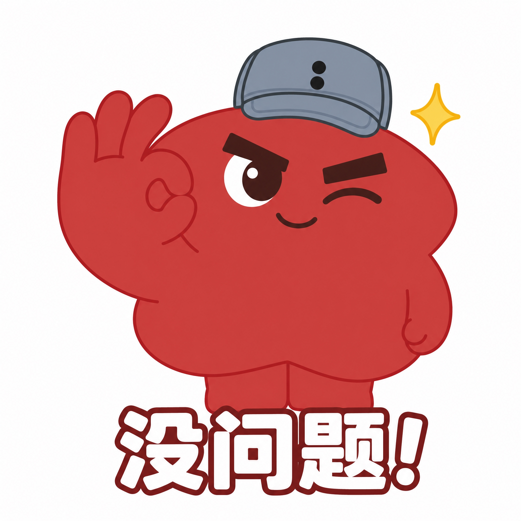 基于参考图中的红色云朵状卡通IP形象（戴灰色棒球帽，浓眉大眼，… - 图片创意预览